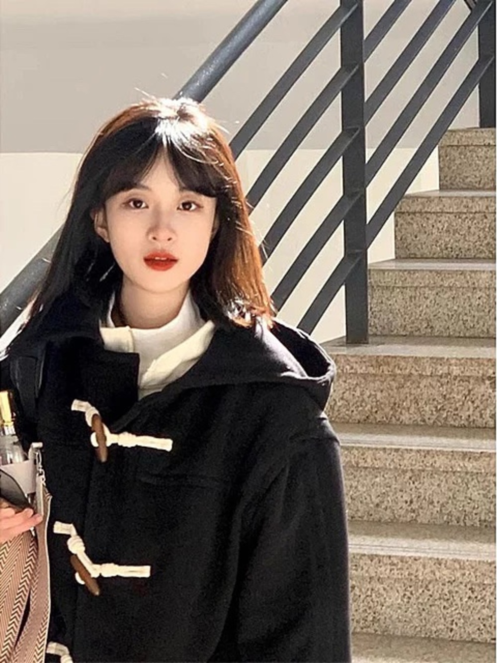 Black Hooded Toggle Coat for Women
